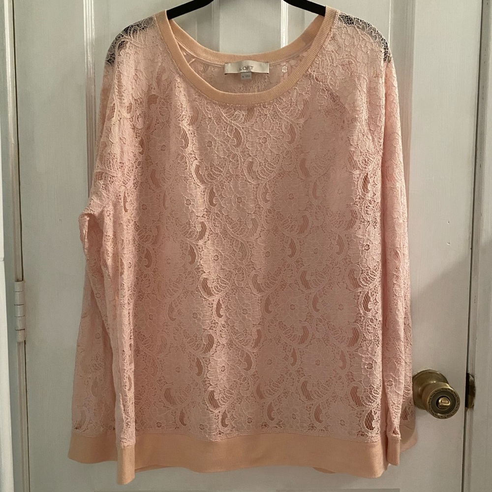 LOFT Open Lace Long Sleeve Scoop Neck Pullover Top - Picture 1 of 7
